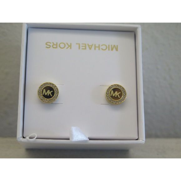 Michael Kors MKJX7854710 Gold Toned Pavè Crystals MK Logo Monogram Stud Earrings - Picture 4 of 9